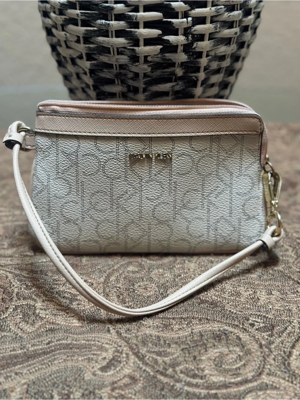 Neutral Logo Wristlet Pouch with Gold Hardware